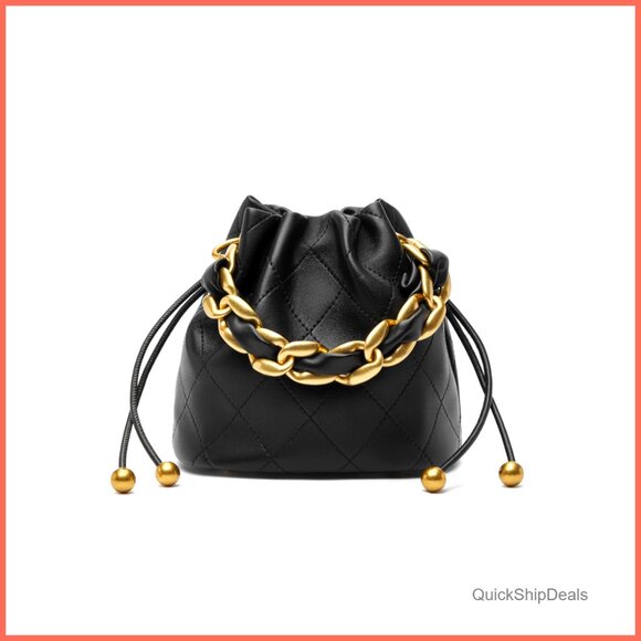 Lambskin Leather Drawstring Bucket Bag with Chunky Chain Strap